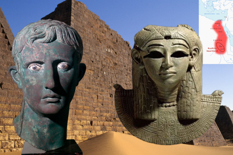 Edited picture featured picture for the Kingdom of Kush. Showing: The burial ground of thirty kings, eight queens and three princes of the Kingdom of Kush, A statue of Queen Amanirenas, Map of the Kingdom of Kush and “Meroë Head"