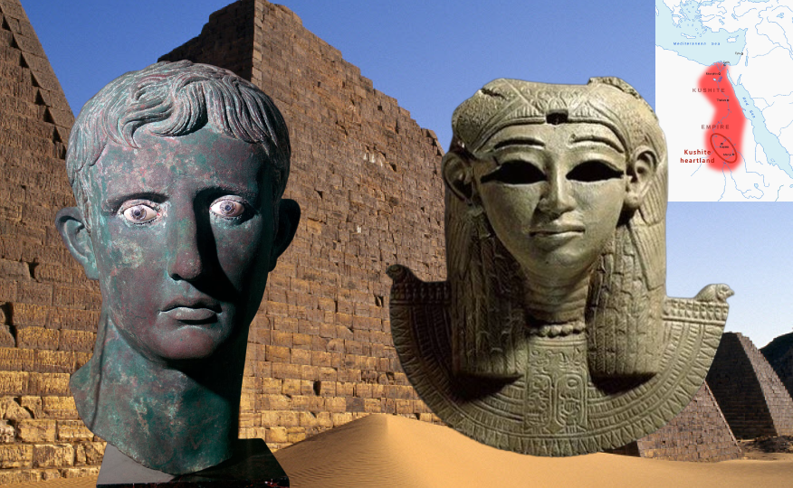 Edited picture featured picture for the Kingdom of Kush. Showing: The burial ground of thirty kings, eight queens and three princes of the Kingdom of Kush, A statue of Queen Amanirenas, Map of the Kingdom of Kush and “Meroë Head"