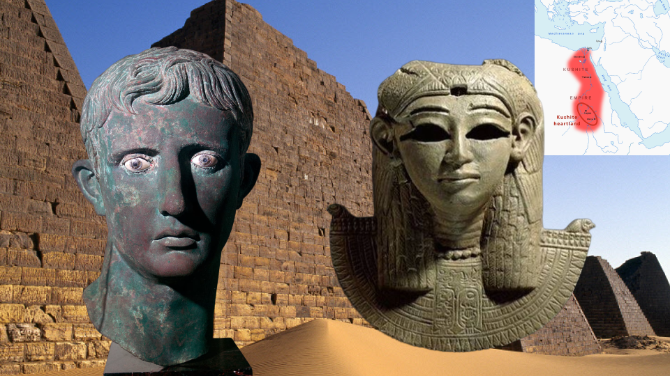 Edited picture featured picture for the Kingdom of Kush. Showing: The burial ground of thirty kings, eight queens and three princes of the Kingdom of Kush, A statue of Queen Amanirenas, Map of the Kingdom of Kush and “Meroë Head"
